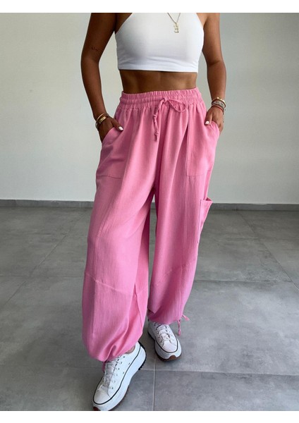 Kadın Elza Keten Paça Bağcıklı Tasarım Pantolon