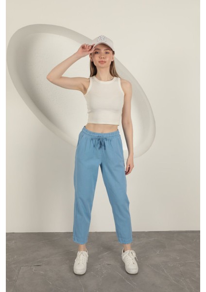 Gabardin Kumaş Püsküllü Kadın Pantolon-Mavi