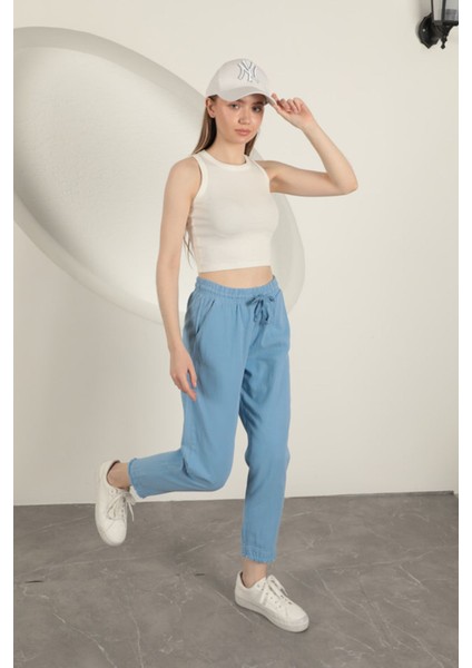Gabardin Kumaş Püsküllü Kadın Pantolon-Mavi