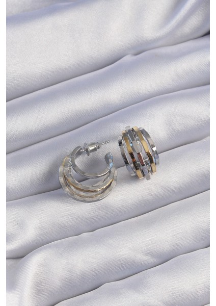 Pirinç Gold Gümüş Renkli Oval Çoklu Görünü mlü Minimal Küpe