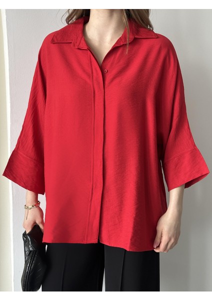 Kadın Alina Ön Patlı Oversize Keten Ayrobin Gömlek