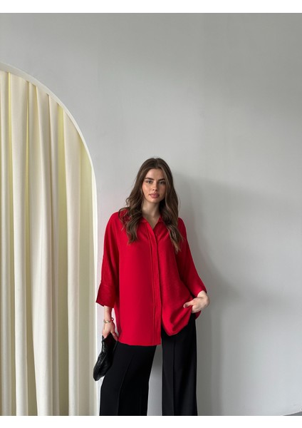 Kadın Alina Ön Patlı Oversize Keten Ayrobin Gömlek
