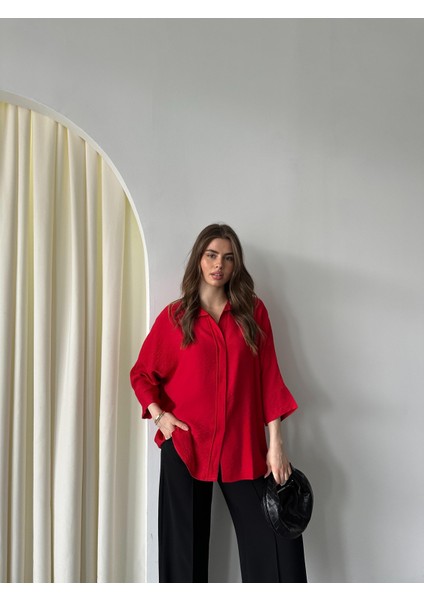 Kadın Alina Ön Patlı Oversize Keten Ayrobin Gömlek