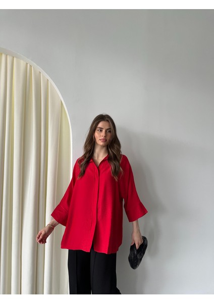Kadın Alina Ön Patlı Oversize Keten Ayrobin Gömlek