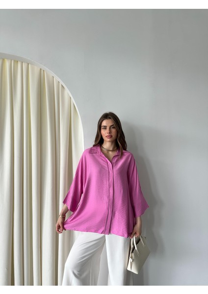 Kadın Alina Ön Patlı Oversize Keten Ayrobin Gömlek