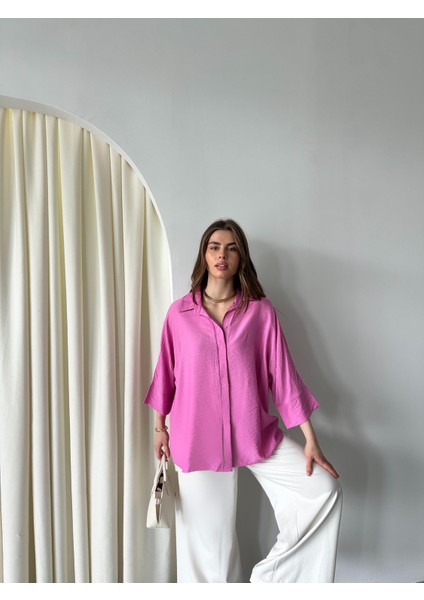 Kadın Alina Ön Patlı Oversize Keten Ayrobin Gömlek