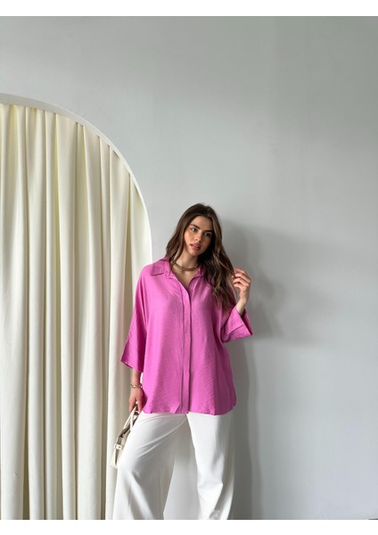 Kadın Alina Ön Patlı Oversize Keten Ayrobin Gömlek