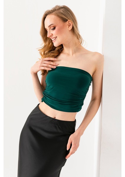Kadın Büzgülü Straplez Bluz Yeşil - 2960 modelleri