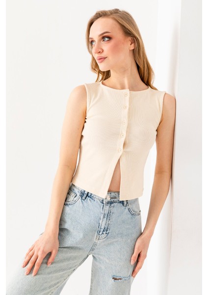 Kadın Bisiklet Yaka Düğmeli Fitilli Body Krem - 25Y 2457