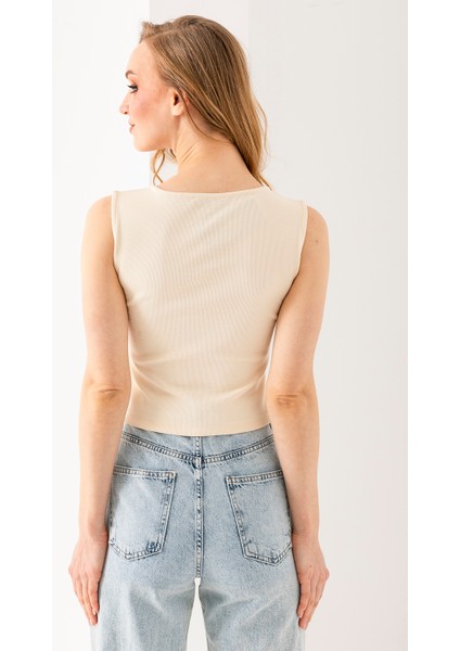 Kadın Bisiklet Yaka Düğmeli Fitilli Body Krem - 25Y 2457