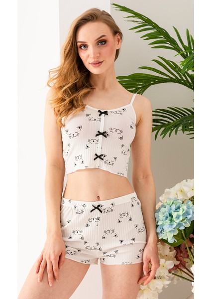 Kadın Kedi Desenli Atlet Şort Pijama Takımı Beyaz - 25Y 10041