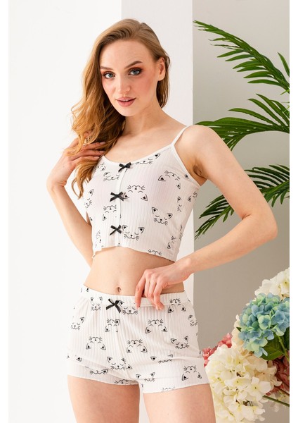 Kadın Kedi Desenli Atlet Şort Pijama Takımı Beyaz - 25Y 10041