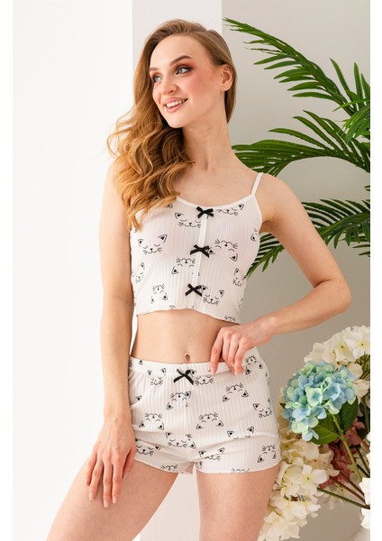 Kadın Kedi Desenli Atlet Şort Pijama Takımı Beyaz - 25Y 10041