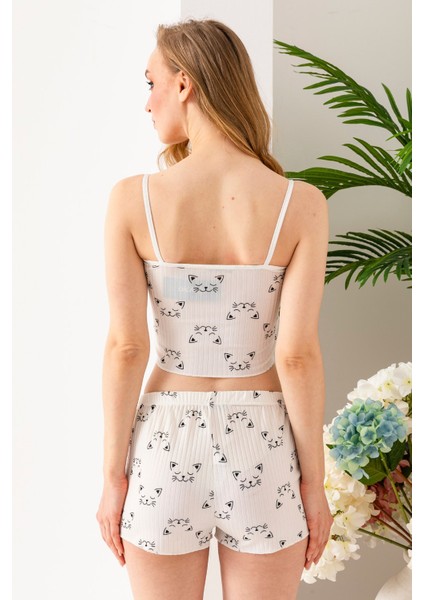 Kadın Kedi Desenli Atlet Şort Pijama Takımı Beyaz - 25Y 10041