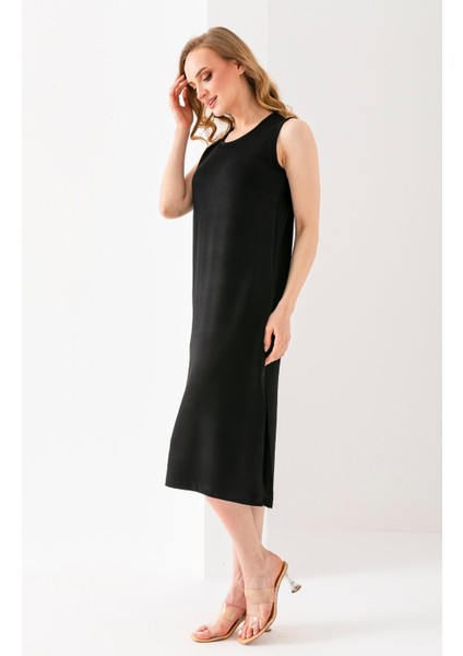 Kadın Bisiklet Yaka Kolsuz Yırtmaçlı Elbise Siyah - 25Y 6267 modelleri