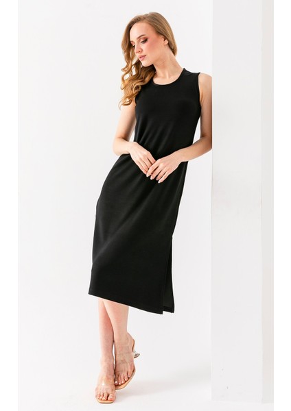 Kadın Bisiklet Yaka Kolsuz Yırtmaçlı Elbise Siyah - 25Y 6267 indirimleri