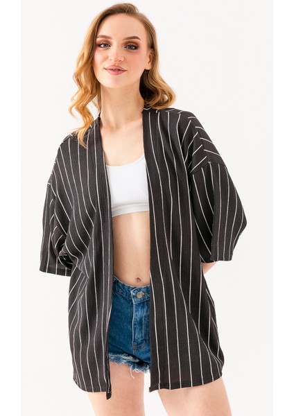Kadın Yarım Kol Çizgili Bürümcük Kimono Antrasit - 254406