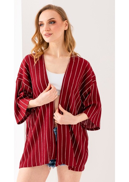 Kadın Yarım Kol Çizgili Bürümcük Kimono Bordo - 254406