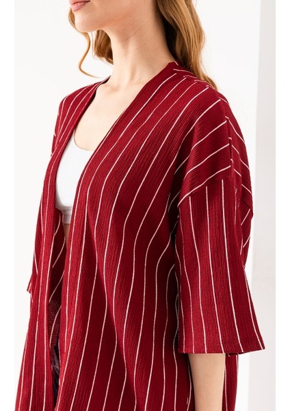 Kadın Yarım Kol Çizgili Bürümcük Kimono Bordo - 254406