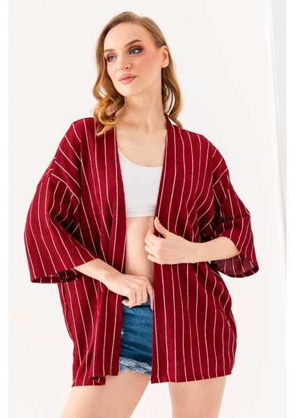 Kadın Yarım Kol Çizgili Bürümcük Kimono Bordo - 254406