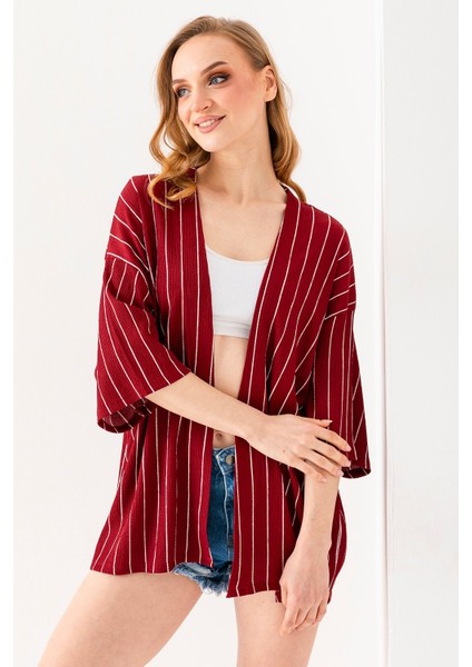 Kadın Yarım Kol Çizgili Bürümcük Kimono Bordo - 254406
