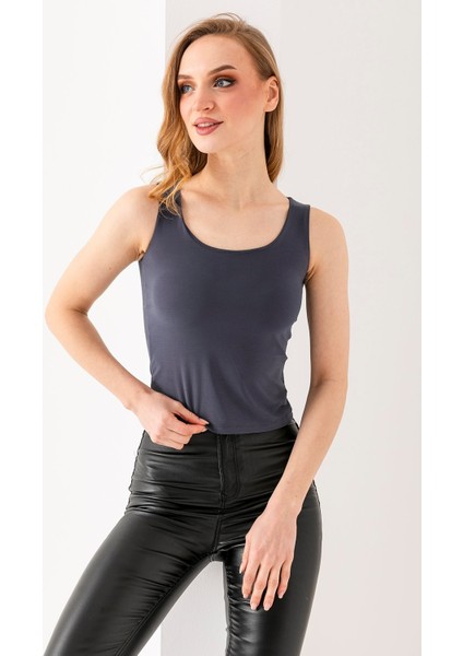 Kadın Askılı Bisiklet Yaka Basic Bluz Füme - 25Y 2409