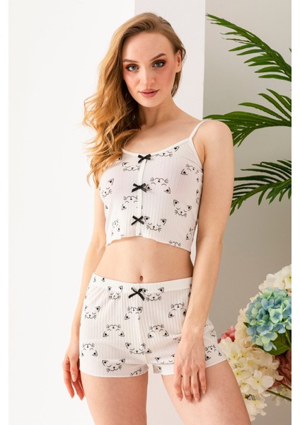 Kadın Kedi Desenli Atlet Şort Pijama Takımı Beyaz - 25Y 10041