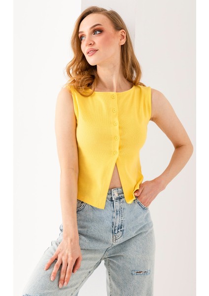 Kadın Bisiklet Yaka Düğmeli Fitilli Body Sarı - 25Y 2457