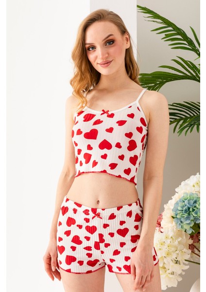 Kadın Kalp Desenli Atlet Şort Pijama Takımı Beyaz - 25Y 10041 fiyatları