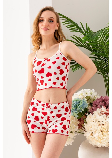 Kadın Kalp Desenli Atlet Şort Pijama Takımı Beyaz - 25Y 10041 modelleri