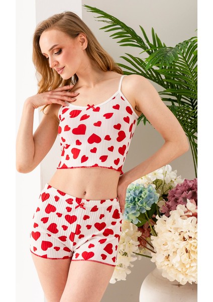 Kadın Kalp Desenli Atlet Şort Pijama Takımı Beyaz - 25Y 10041 indirimleri