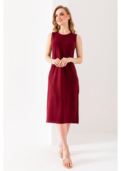 Kadın Bisiklet Yaka Kolsuz Yırtmaçlı Elbise Bordo - 25Y 6267