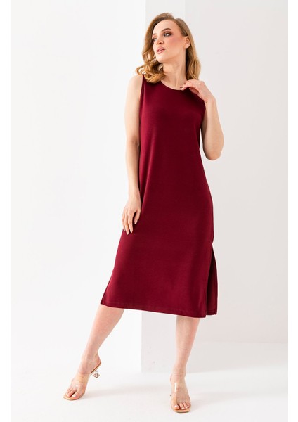 Kadın Bisiklet Yaka Kolsuz Yırtmaçlı Elbise Bordo - 25Y 6267 modelleri