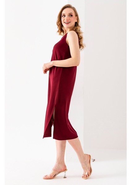 Kadın Bisiklet Yaka Kolsuz Yırtmaçlı Elbise Bordo - 25Y 6267 fırsatları