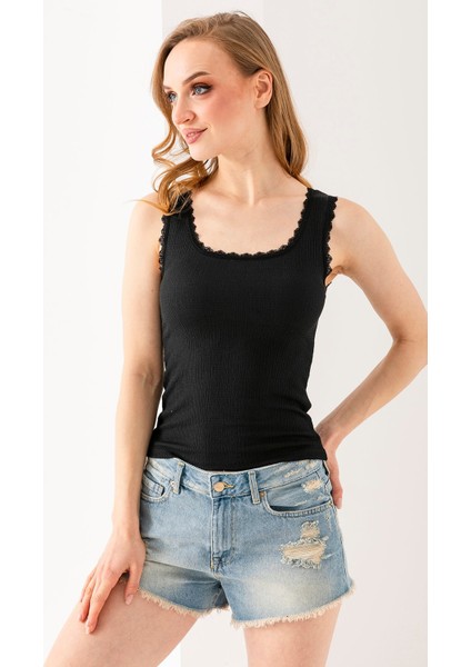 Kadın Kalın Askılı Dantel Detaylı Bürümcük Atlet Siyah - 254408 modelleri