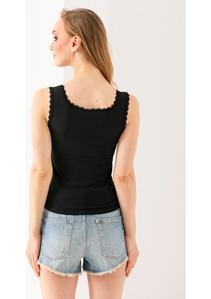 Kadın Kalın Askılı Dantel Detaylı Bürümcük Atlet Siyah - 254408 indirimleri