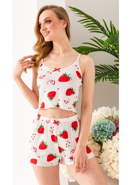 Kadın Çilek Desenli Atlet Şort Pijama Takımı Beyaz - 25Y 10041