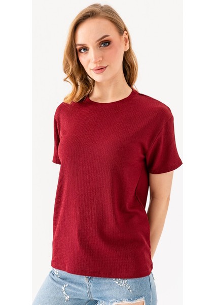 Kadın Bisiklet Yaka Bürümcük Basic T-Shirt Bordo - 254413