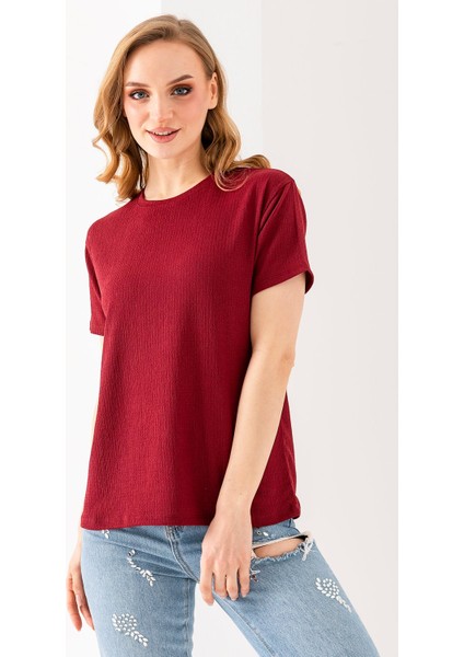 Kadın Bisiklet Yaka Bürümcük Basic T-Shirt Bordo - 254413 fiyatları