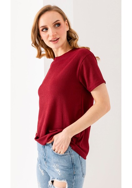 Kadın Bisiklet Yaka Bürümcük Basic T-Shirt Bordo - 254413 modelleri