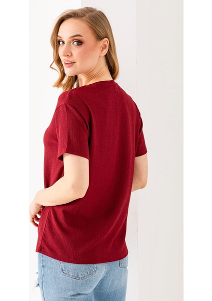 Kadın Bisiklet Yaka Bürümcük Basic T-Shirt Bordo - 254413 fırsatları