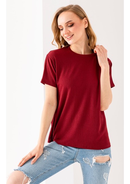 Kadın Bisiklet Yaka Bürümcük Basic T-Shirt Bordo - 254413 indirimleri