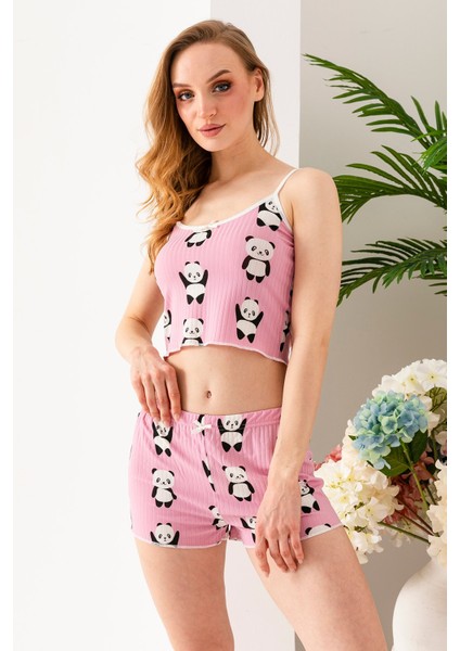 Kadın Panda Desenli Atlet Şort Pijama Takımı Pembe - 25Y 10041 fiyatları