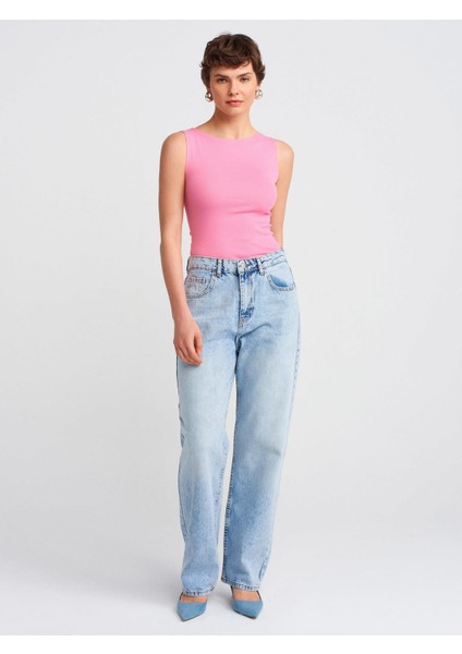Denim Kar Yıkama Denim Mom Pantolon-Mavi