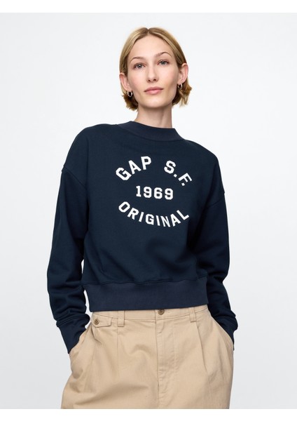 Kadın Lacivert Gap Logo Heavyweight Havlu Kumaş Crop Sweatshirt