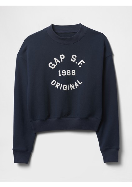 Kadın Lacivert Gap Logo Heavyweight Havlu Kumaş Crop Sweatshirt
