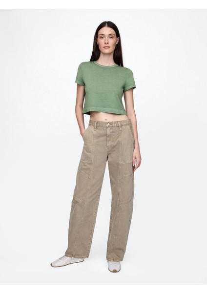 Kadın Yeşil %100 Organik Pamuk Vintage Soft Crop T-Shirt indirimleri