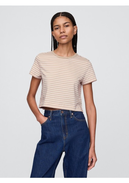 Kadın Bej %100 Organik Pamuk Vintage Soft Crop T-Shirt