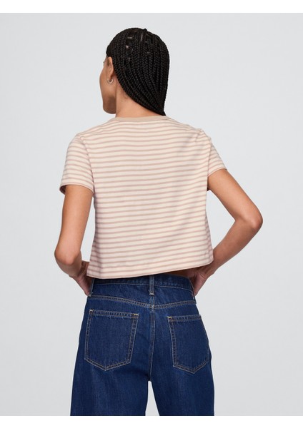 Kadın Bej %100 Organik Pamuk Vintage Soft Crop T-Shirt fırsatları