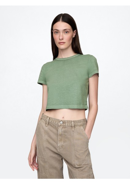 Kadın Yeşil %100 Organik Pamuk Vintage Soft Crop T-Shirt